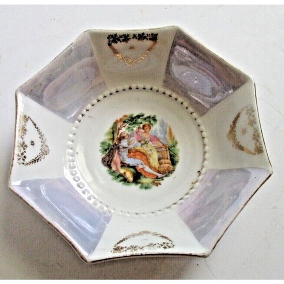 *Vintage Porcelain Lusterware Lovers Octagon Gold Accent Mini Decorative Bowl - Picture 1 of 7